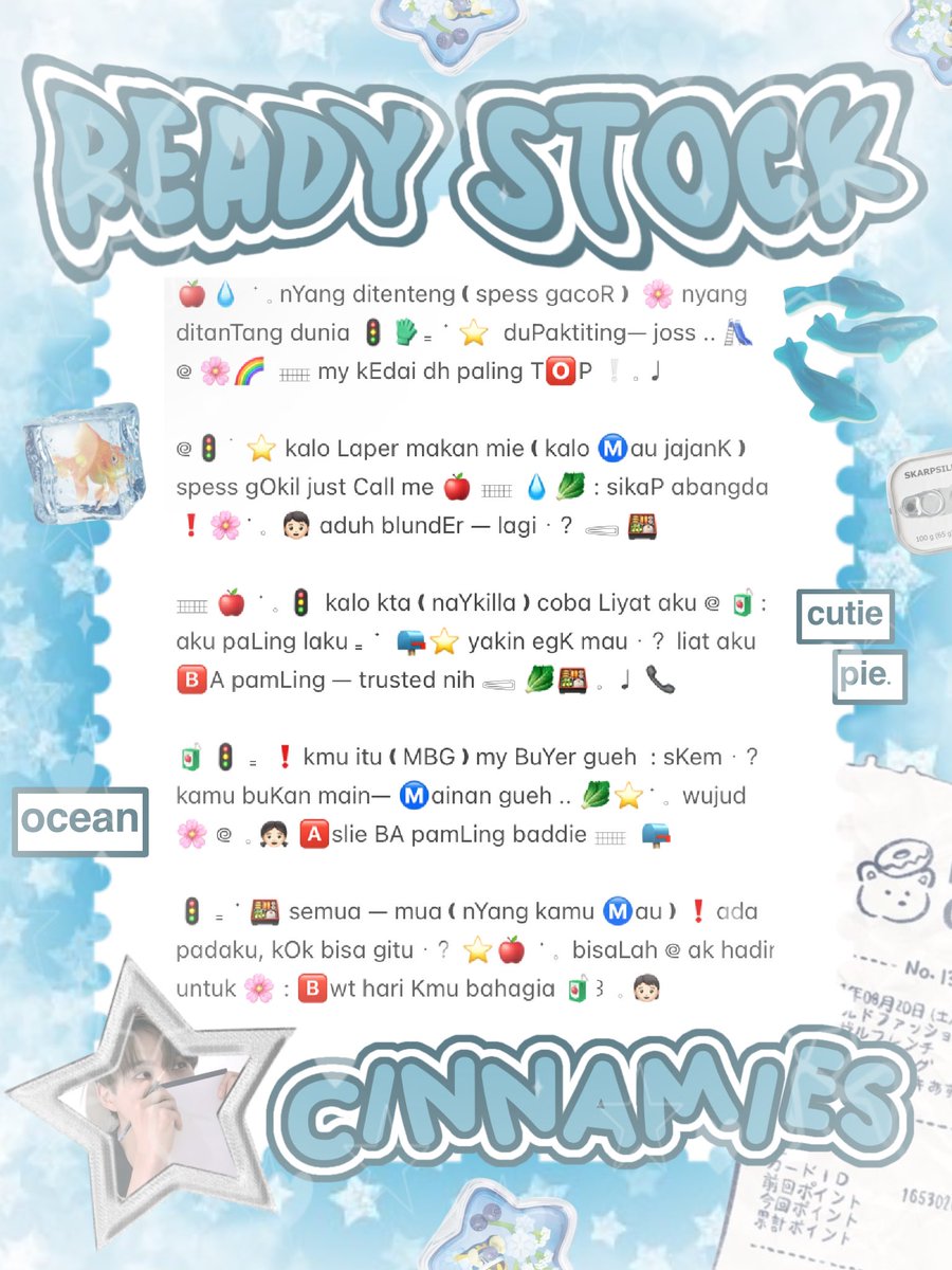 cinnyamies's tweet photo. ╭┈  ֹ   help repost? thankies, sweetie 🐳

{ II } ׁ ๑ 🪽.. haii, timan — timun ?! naka punya wording ready stock nih 𓏏𓏏 ִ ⊹ bio 3.500/ea 𖢷 ׅ  ࣪  ⸝⸝ pinned, payment, done payment 5.500/ea💧🦴 yuk, ping chat:ie aku &amp;. take sekarang juga 𓈒˚ >___^

#bealanja https://t.co/rKecl0MiW7