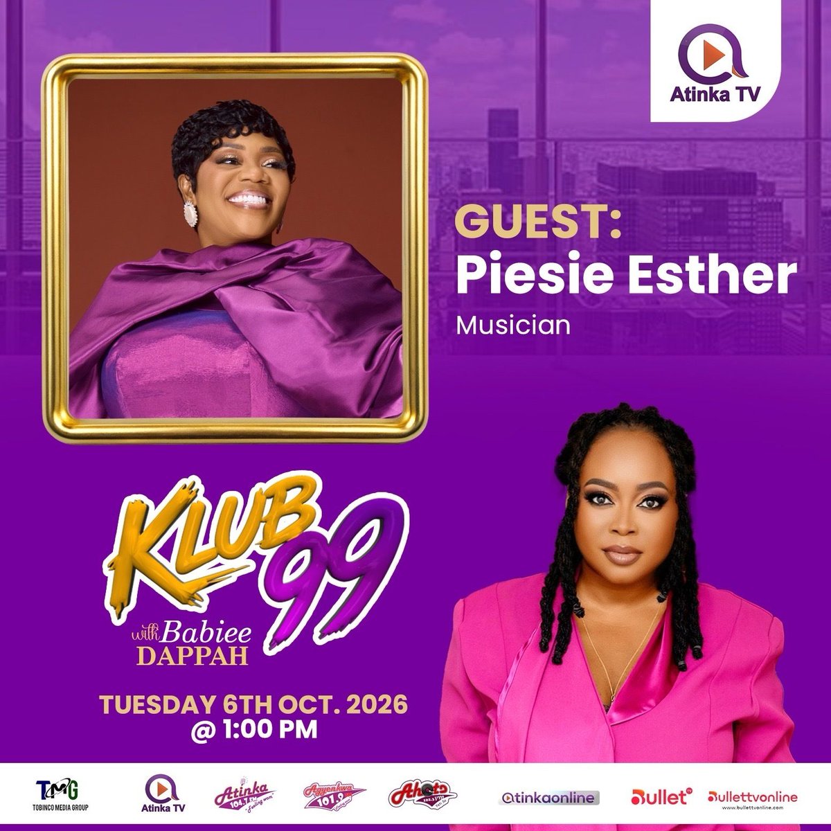 atinkatvgh's tweet photo. Award-winning Gospel Musician Piesie Esther joins Babiee Dappah on KLUB 99 tonight at 1:00PM sharp on Atinka TV!
You can't miss this powerful conversation.
#AtinkaTvGh
#Klub99 https://t.co/kc7bFDNvoE