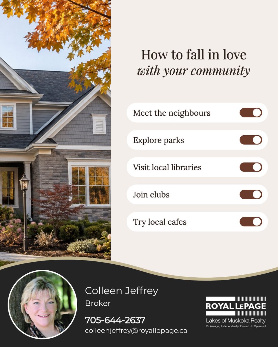 ColleenJeffrey's tweet photo. What better time than now to fall in love with your community?
🚶♂️ Take walks to meet your neighbours
🌳 Visit local parks or join recreation clubs
📚 Join a book club at your community library
☕ Work from comfy local coffee shops
#newhome #muskokarealestate #Icanhelp https://t.co/VFYxVMFum5