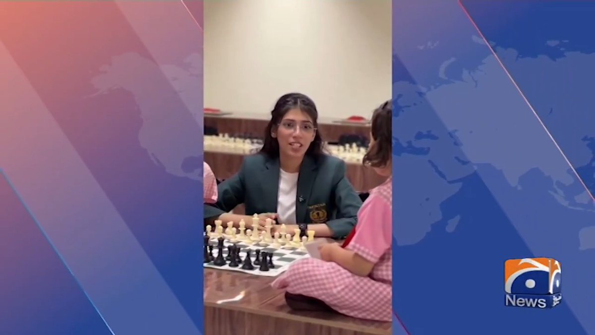 A news broadcast from Geo News features a young woman in a school blazer playing chess against another student.