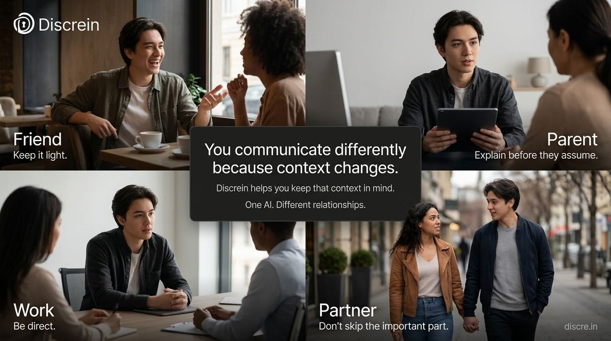 discre_in's tweet photo. You’re not the same communicator with everyone.

Your friend gets one version.
Your parent gets another.
Your partner gets another.
Work gets another.

That isn’t inconsistency.

That’s context.

Discrein helps you use it.

→ https://t.co/AORTYOMr1T

#Discrein #Communication #AI https://t.co/9IHImLNbUx