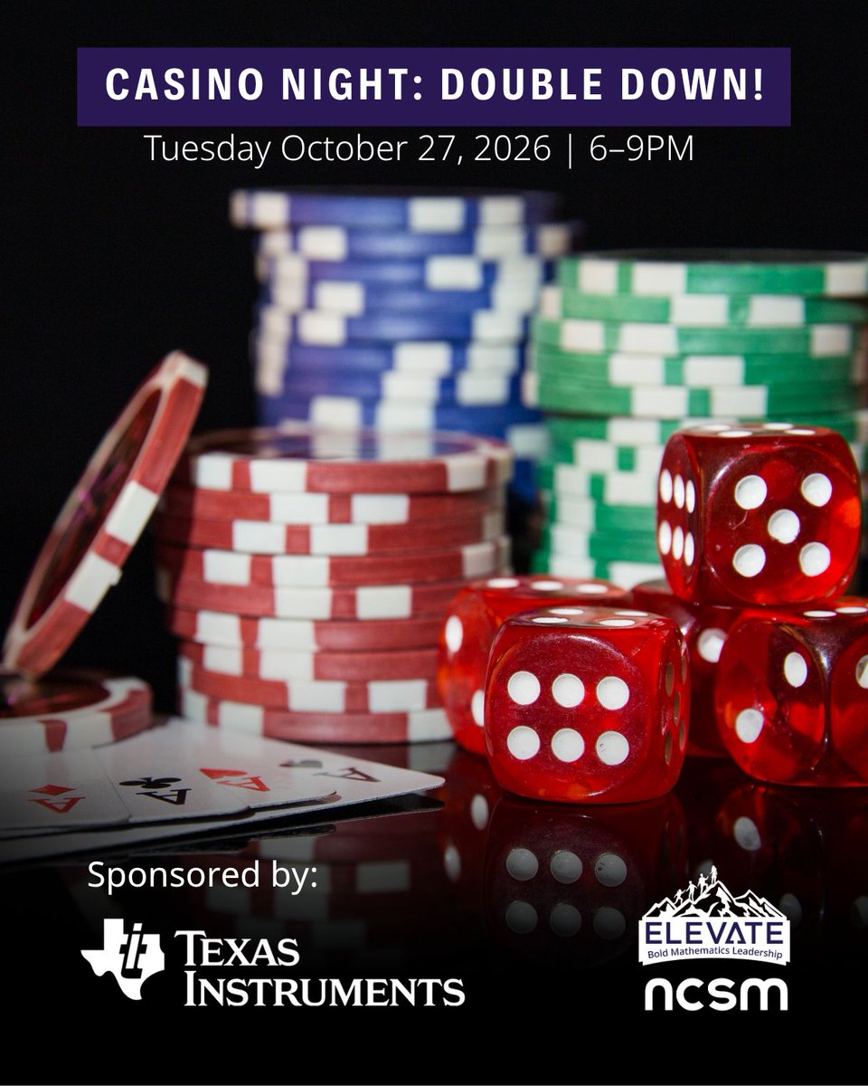 MathEdLeaders's tweet photo. 🎲 Ready to DOUBLE DOWN on the fun at #NCSM2026?

Join us for Casino Night, sponsored by Texas Instruments! Enjoy games, prizes, and networking!

📅 Oct. 27 | 6–9 PM
🎟️ $15 | Limited space!

Thanks to giveaway sponsor EAI Education!

https://t.co/2vadDqssUX https://t.co/QapfKCE4Vy