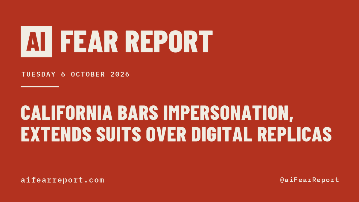 aiFearReport's tweet photo. Here is how your fear of AI is being used to centralize power today.

California bars false impersonation carried out with a digital replica and extends the right to sue over unauthorized use of a voice or likeness to digital replicas. Passed. It cites the fear that anyone can now fake anyone.

382 measures in 48 jurisdictions would ban or restrict a use of AI, or make one a crime.

27 measures in 17 jurisdictions cite the fear that AI is taking people's personal data.

2,240 measures tracked. 755 carry a control, and they would hand new power to 101 offices.
