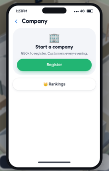 akinWeb3's tweet photo. Lagos Life added companies today. Phone > Company, ₦50k to register, customers come every evening.

The Companies ranking is still empty, so the first profit tonight takes #1. I opened Banana Holdings, a food spot in Ajah.

What are you opening? First night's takings tomorrow. https://t.co/TcAtP882fF