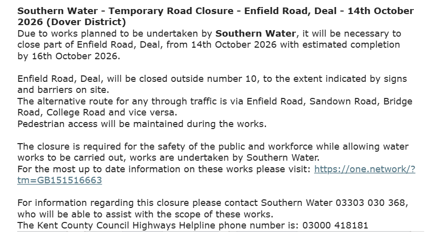 KentHighways's tweet photo. Deal, Enfield Road: Road closed 14th - 16th October to allow for @SouthernWater  works: https://t.co/r2pNagl4y8 https://t.co/Sm4FKvt26z