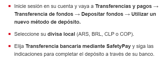 eldaminato's tweet photo. Interactive brokers @IBKR comunica a sus clientes nuevo servicio para realizar depósitos en pesos argentinos (ARS), reales brasileños (BRL), pesos chilenos (CLP) y pesos colombianos (COP) directamente desde la cuenta bancaria personal a través de SafetyPay.

Los depósitos en ARS, BRL, CLP y COP se convierten a dólares estadounidenses y se abonan en la cuenta de IBKR en un plazo de 3 a 4 días hábiles.