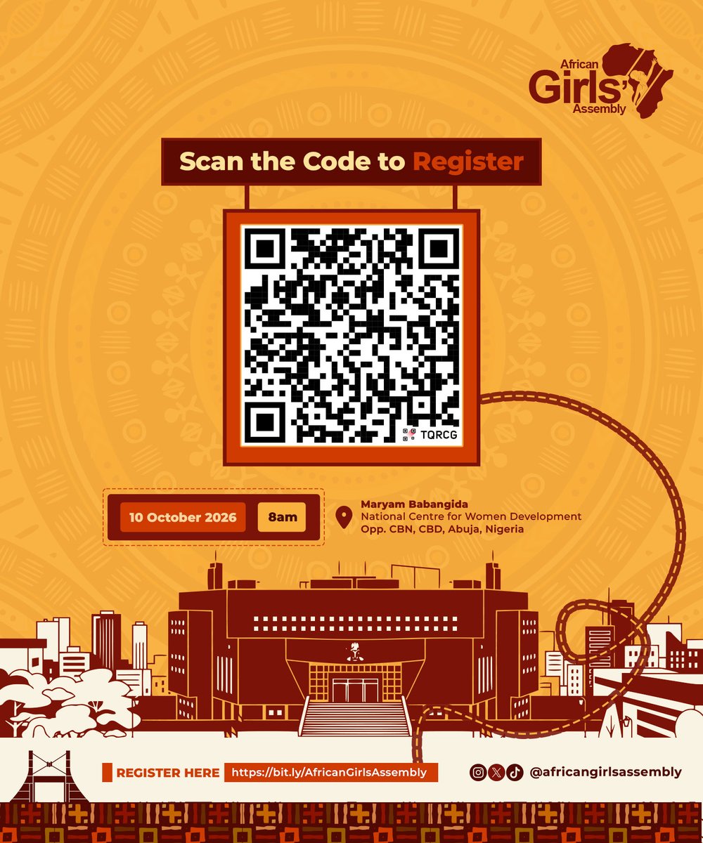AfricanGirlsA's tweet photo. 🌍 Africa’s girls are not waiting for the future. They’re ready to shape it.

The African Girls’ Assembly is almost here! 💛

Be in the room. Come ready to connect, learn, and lead. ✨

🎟️ Register now: Scan the QR code on the flyer. https://t.co/vSPJ7zupOx