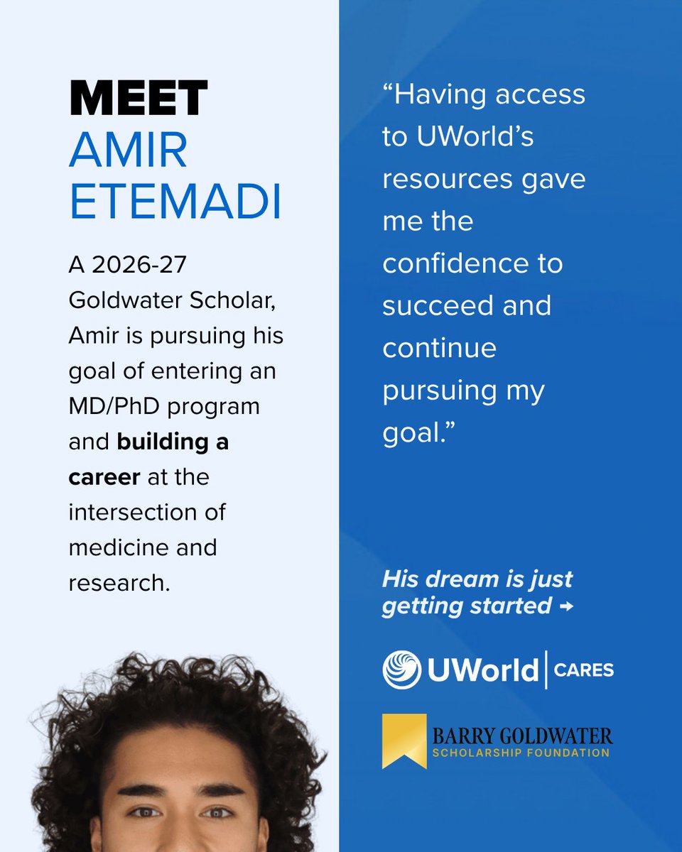 UWorld's tweet photo. For the fourth year, we’re continuing our partnership with the Goldwater Foundation to support the next generation of physician-scientists.

🧪 Learn more about our partnership and continued investment in future physician-scientists: https://t.co/FD16YeusJ7 https://t.co/PefCyf8deZ