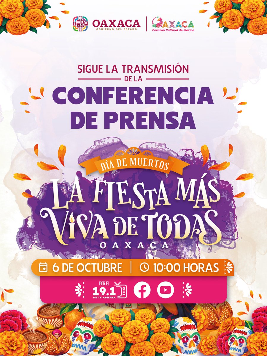 salomonj's tweet photo. LA FIESTA MÁS VIVA DE TODAS 🏵️

El Día de Muertos se acerca y en Oaxaca nos preparamos para compartir con el mundo una de nuestras tradiciones más profundas.

Hoy, a las 10:00 horas, les contaré todo lo que tenemos preparado.

Acompáñenme en la transmisión en vivo aquí en mis redes sociales. ¡Que viva #Oaxaca! 🎉