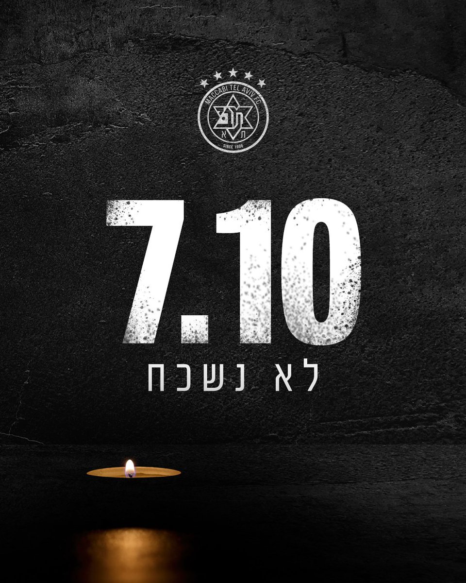 MaccabiTLVFC's tweet photo. 3 שנים לשבעה באוקטובר.

מכבי תל אביב מרכינה ראש לזכר הנרצחים והנופלים ומשתתפת בכאבן של המשפחות שאיבדו את היקר להן מכל.

לא נשכח. https://t.co/zGRCJhCHk0