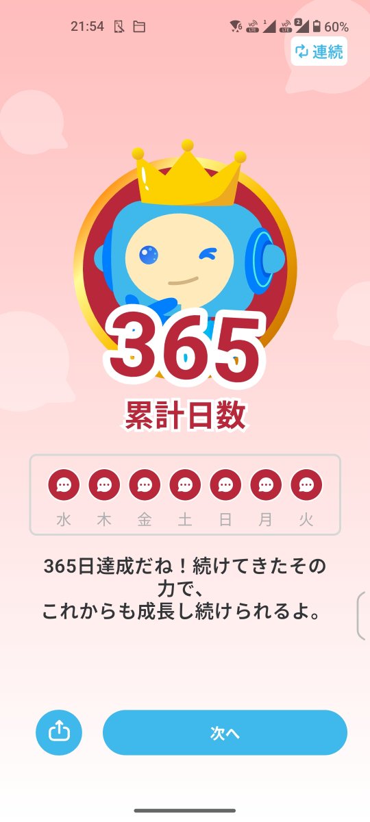 yuki0105's tweet photo. SpeakBuddy、365日達成！
なお英語力はたいして上がっていない。 https://t.co/BNFo1zkAM8