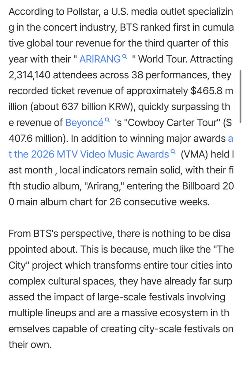 btschartsxdaily's tweet photo. [NEWS] Golden Boys, the organizer of Coachella, had been continuing negotiations to book #BTS as the headliner for the 2027 festival, but it is reported that the talks recently fizzled out and broke down.

It is reported that Paul Tollett, CEO of Golden Voices, put in considerable effort, including personally visiting BTS's comeback performance at Gwanghwamun Square in Seoul last March, but ultimately failed to reach an agreement. 

The cancellation of BTS's appearance is a painful blow for Coachella when looking at recent figures in the global concert market. 

From BTS's perspective, there is nothing to be disappointed about. This is because, much like the "The City" project which transforms entire tour cities into complex cultural spaces, they have already far surpassed the impact of large-scale festivals involving multiple lineups and are a massive ecosystem in themselves capable of creating city-scale festivals on their own.
https://t.co/GxqbSRTdw0