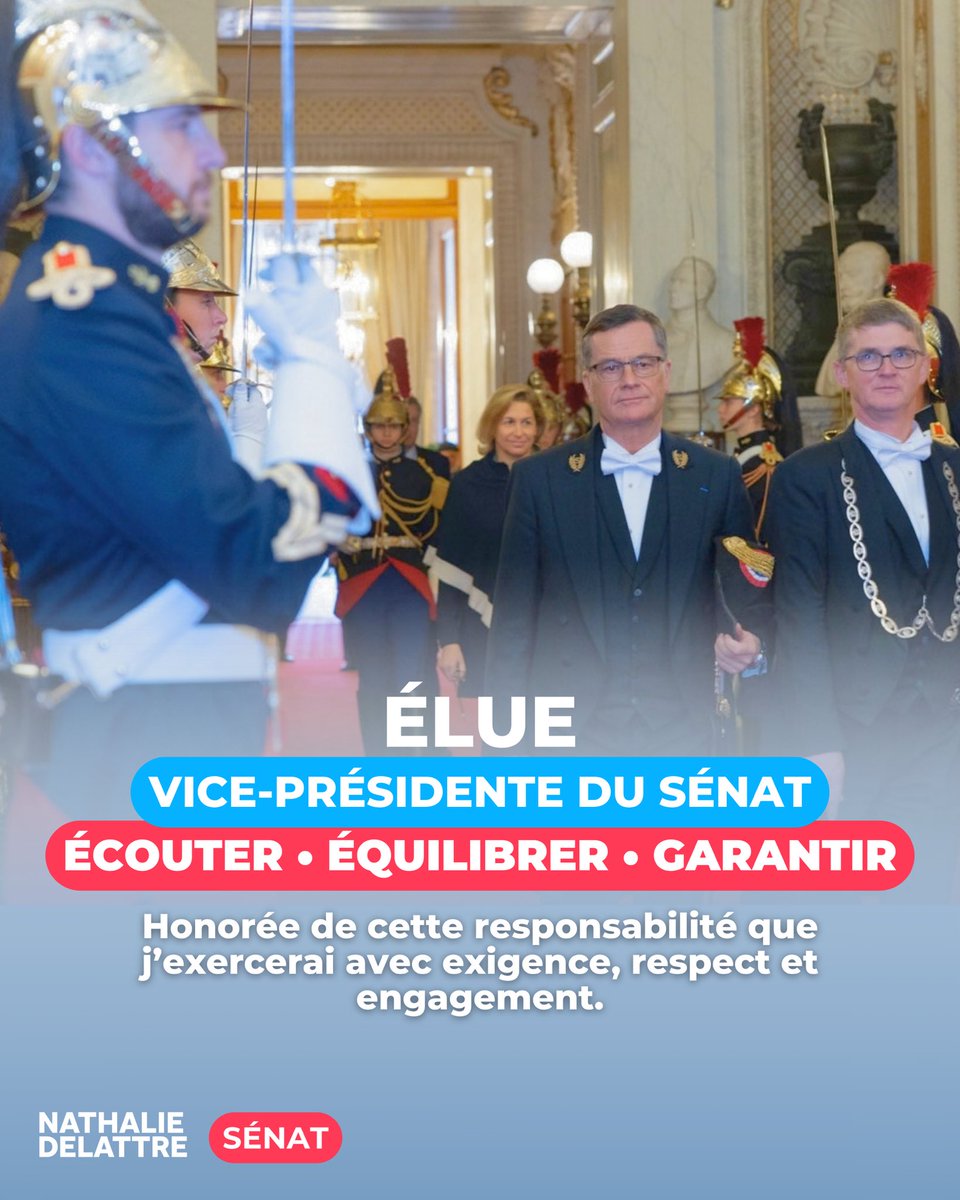 n_delattre's tweet photo. Très honorée d’avoir été élue vice-présidente du @Senat aux côtés de @gerard_larcher.

Cette responsabilité je l’exercerai pleinement, au service de notre démocratie.

👉Écouter toutes les sensibilités
👉Veiller à l’équilibre des débats
👉Garantir les règles et le pluralisme

1/2 https://t.co/jL77SLbR11