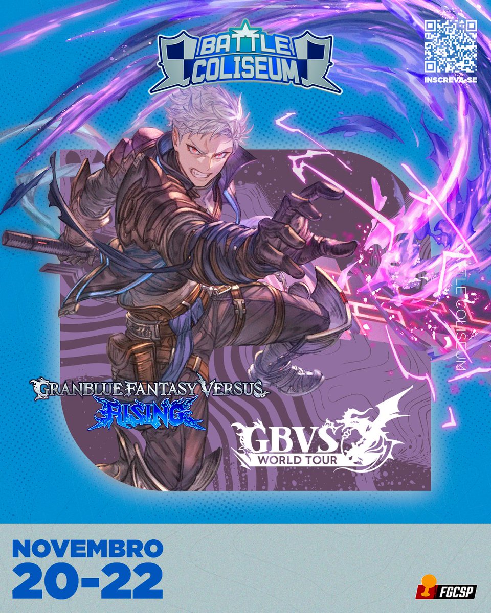 fgcsaopaulo's tweet photo. 🔥 GRANBLUE ESTÁ PESADO NO COLISEU! 🔥

O Granblue Fantasy Versus: Rising, etapa ⭐⭐⭐⭐⭐ FIVE STAR do GBVSR WORLD TOUR 2026!

São Paulo no caminho oficial do circuito mundial — o Coliseu, uma das grandes batalhas da temporada, tem inscrição com desconto até dia 16/10!

🏆 GBVSR WORLD TOUR 2026 — FIVE STAR
🎟️ Campeão classificado para a Cygames Cup 2027
📍 São Paulo, Brasil
📅 20 a 22 de novembro
⚔️ Battle Coliseum 2026

Os melhores jogadores do Brasil, da América Latina e do mundo têm um motivo enorme para estar aqui.

O caminho para a Cygames Cup passa pelo Brasil.

ARE YOU READY?

#BattleColiseum #GBVSR #GranblueFantasyVersusRising #GBVSRWorldTour #FGC #FGCBrasil #GranblueFantasy