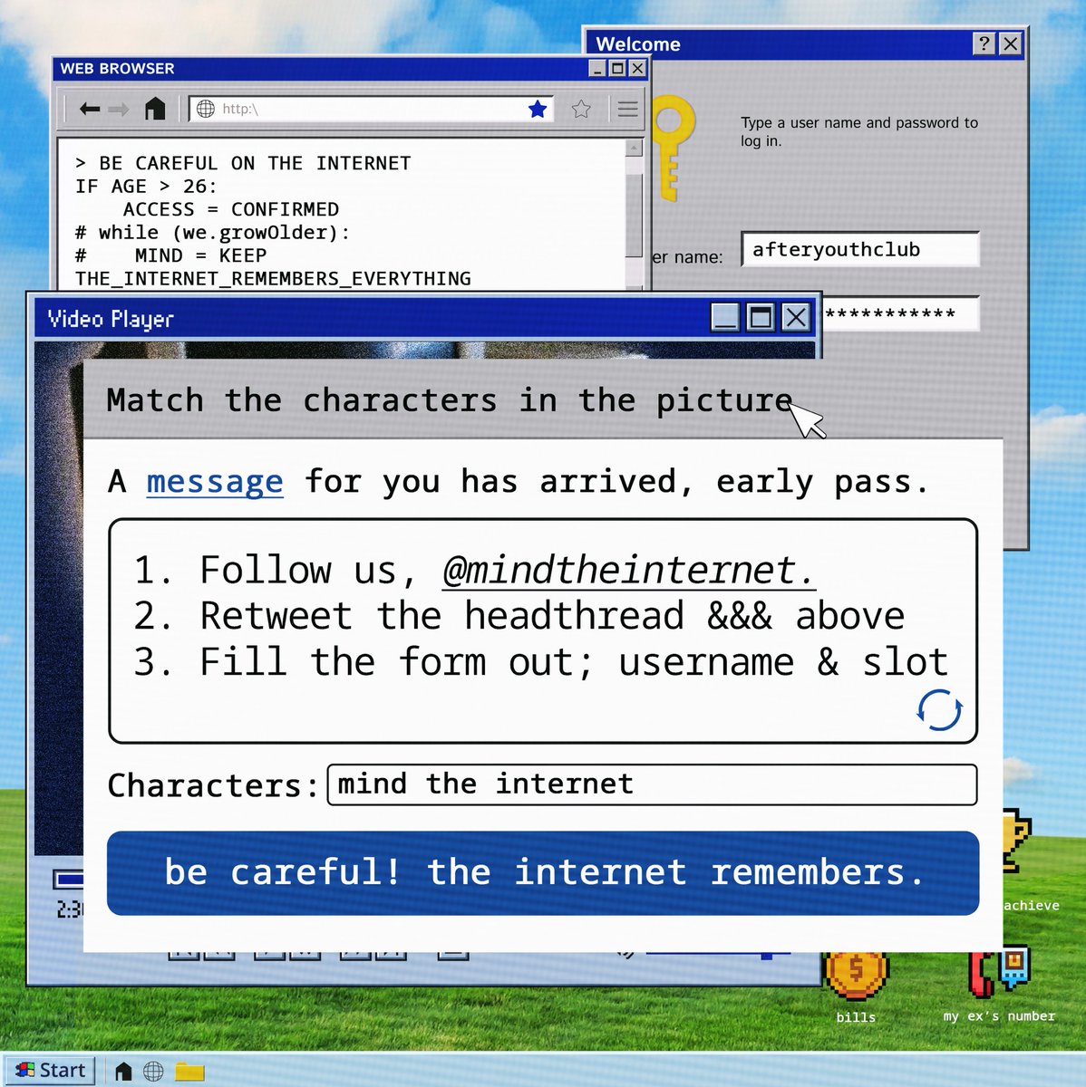 mindtheinternet's tweet photo. “…how do we survive?”

—STEP 001 ; join this stage, do all the rules carefully, and you’re ready to be saved.

psst.. beware of it, the internet is always watching. make sure to fill the right form here [ https://t.co/a9iaRiFEEU ]

% mindtheinternet :: earlypass % https://t.co/p5Mm1TLrCc