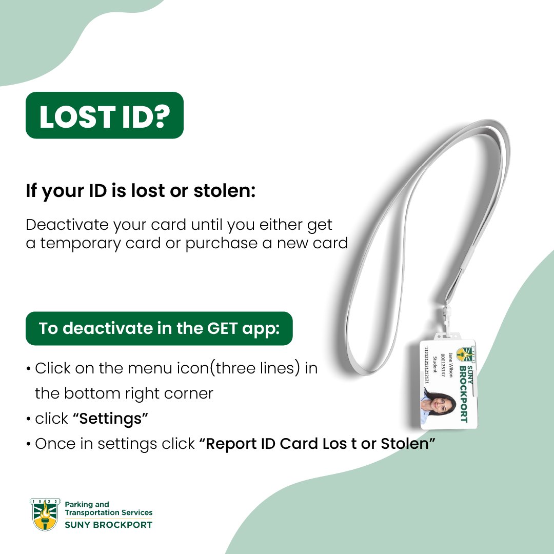 BportParking's tweet photo. 🪪 Lost your Brockport ID? Don���t panic! Taking a few quick steps can help protect your card and account while you arrange for a replacement or temporary ID.
Check the GET app to secure your card as soon as possible. 📱🔒
#sunybrockport #brockport #getapp #campus #brockportpts https://t.co/aEfunoFDP8