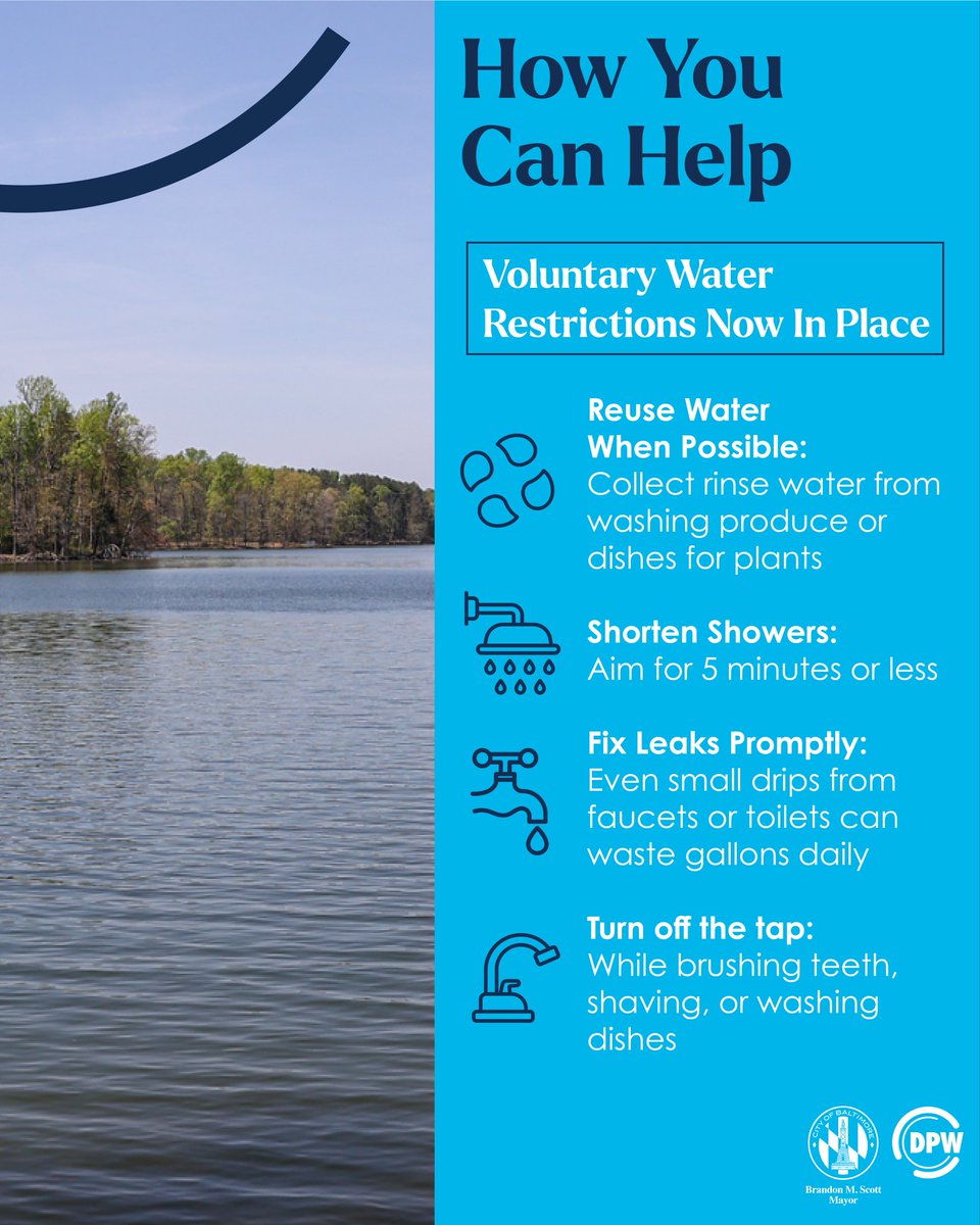 BaltimoreDPW's tweet photo. Please continue to save water! 💧 Due to drought conditions, we’re asking residents to conserve water to protect our water supply.
🚿 Shorten Showers
🔧 Fix Leaks Promptly
🚰 Turn off the running tap
Every drop counts! 💧 https://t.co/45rtcNWjlk