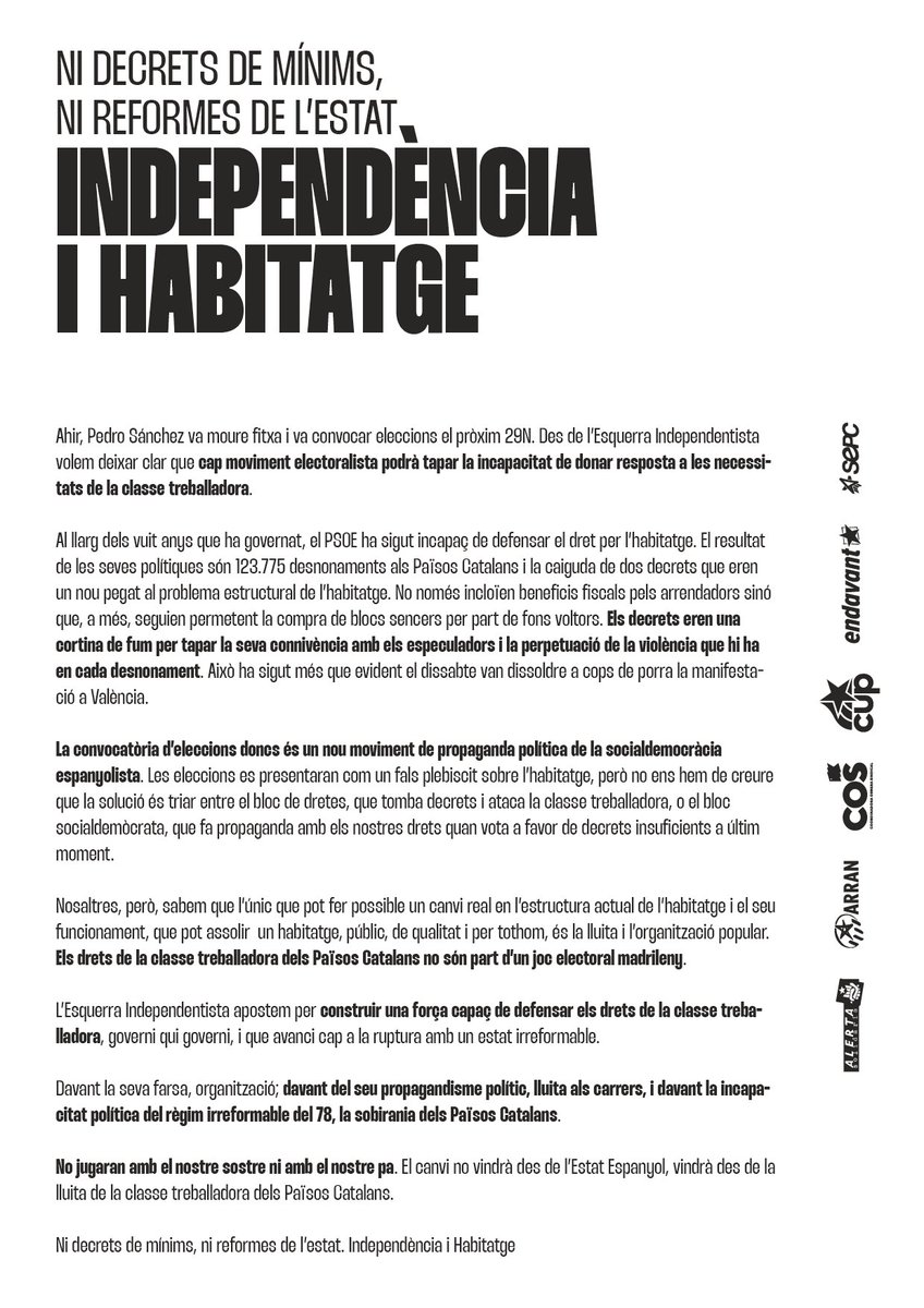 SEPC_nacional's tweet photo. ‼️ NI DECRETS DE MÍNIMS, NI REFORMES DE L'ESTAT

Les estudiants tenim clar que cap reforma de l'estat socialdemòcrata ens farà lliures, el canvi vindrà de la lluita de les classes populars dels Països Catalans.

Independència, Socialisme i Feminisme 💥 https://t.co/VhfpTGELzp