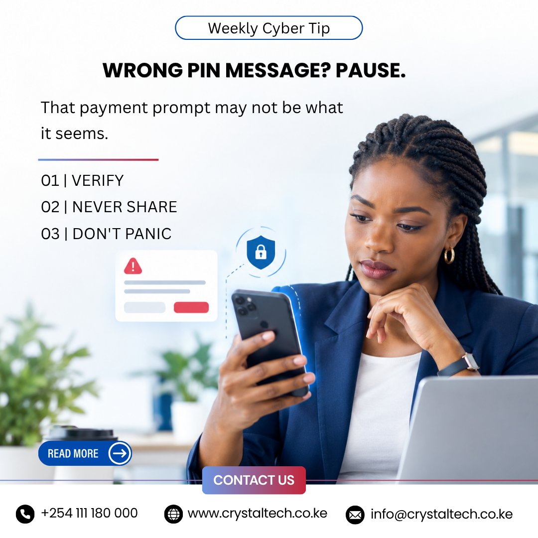 CrystalTechKe's tweet photo. ⚠️ Wrong PIN? Pause.
Fake payment prompts and “wrong PIN” messages can be scams designed to make you panic.

Pause. Verify. Protect. 🔐
Never share your PIN/OTP or approve unfamiliar requests.
🌐 https://t.co/eHMQMp8o5V | 📞 (+254) 111 180 000

#CyberSecurity #MPesaSafety https://t.co/7Jrt87ANTl