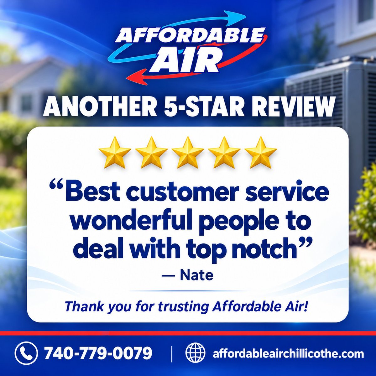 aairchilli's tweet photo. ⭐⭐⭐⭐⭐ Another 5-star review!
“Best customer service wonderful people to deal with top notch” — Nate
Thank you, Nate, for your kind words and for trusting Affordable Air! 💙
📞 740-779-0079
🌐 https://t.co/Vlb1ARrfF5 https://t.co/ONJldWFCz0