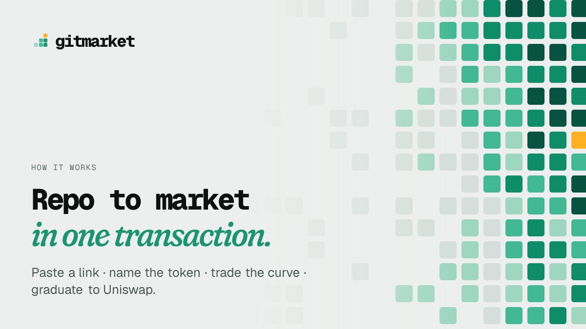 Gitmarketfun's tweet photo. How to list a repo on gitmarket:

1. Paste a GitHub link
2. Pick a name and ticker
3. Make an opening buy in the same tx
4. The curve sells out and graduates to Uniswap v4 https://t.co/22HZv3SwpR