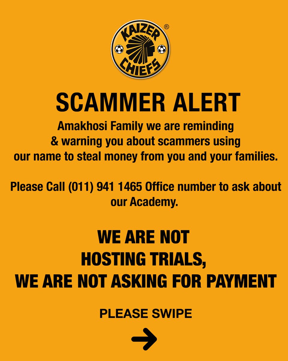 KaizerChiefs's tweet photo. Kaizer Chiefs would like to warn the public once more about the problem of fraudulent soccer trials that continues to rear its ugly head. 

We have been alerted to scams where people pretend to be our development coaches, offering so-called “Kaizer Chiefs” trials for a fee. 

The Club has not issued any official communiqué or advertisement for trials or academies. 

We are attending to this as a matter of urgency. We will be involving the law enforcement agencies to take the necessary action. 

We strongly warn the public not to fall victim to these crimes. 

Unfortunately, these acts will escalate during the school holiday period, targeting desperate, hopeful soccer stars. 

The Club will communicate officially through its channels if trials are held. 

If there are questions about trials or academies, please send an email to info@kaizerchiefs.com or phone 011 941 1465. 

#Amakhosi4Life
