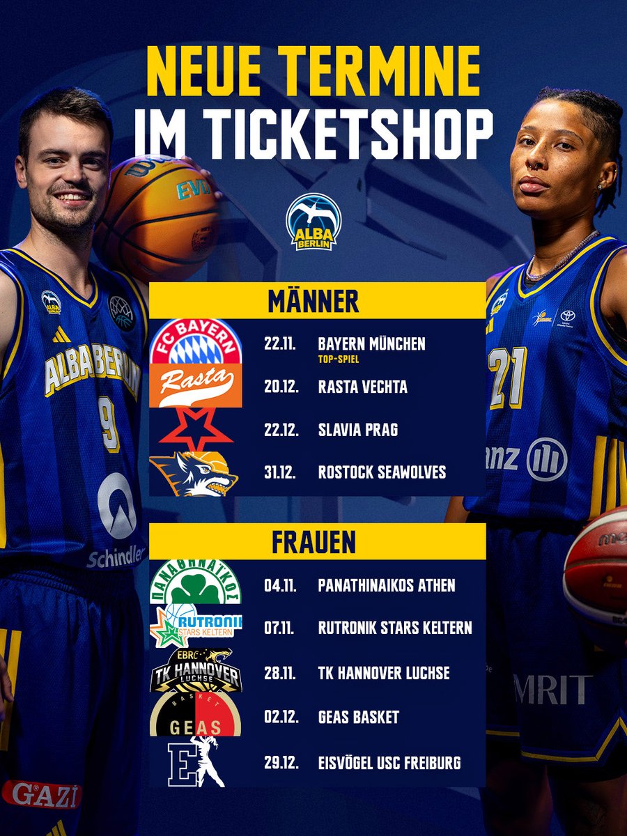 albaberlin's tweet photo. ���� GET YOUR TICKETS NOW 🚨

Ab sofort gibt es für alle Heimspiele bis Ende des Jahres Tickets in unserem Onlineshop, inklusive der Heimduell-Kracher gegen Bayern in der Uber Arena sowie gegen Keltern in der Sömmeringhalle. ⚡️😤

🎫 Jetzt sichern: https://t.co/vX0vR37jJR https://t.co/Rra9BDhBZ8