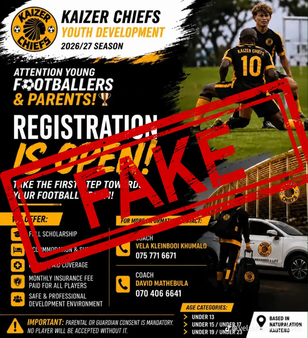 KaizerChiefs's tweet photo. Kaizer Chiefs would like to warn the public once more about the problem of fraudulent soccer trials that continues to rear its ugly head. 

We have been alerted to scams where people pretend to be our development coaches, offering so-called “Kaizer Chiefs” trials for a fee. 

The Club has not issued any official communiqué or advertisement for trials or academies. 

We are attending to this as a matter of urgency. We will be involving the law enforcement agencies to take the necessary action. 

We strongly warn the public not to fall victim to these crimes. 

Unfortunately, these acts will escalate during the school holiday period, targeting desperate, hopeful soccer stars. 

The Club will communicate officially through its channels if trials are held. 

If there are questions about trials or academies, please send an email to info@kaizerchiefs.com or phone 011 941 1465. 

#Amakhosi4Life