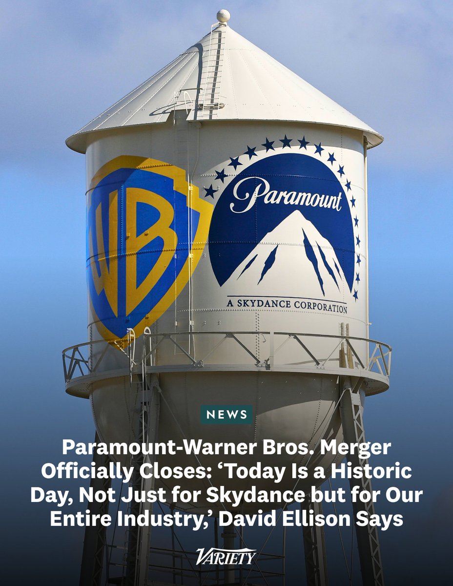 Variety's tweet photo. The Paramount-Warner Bros. merger has officially closed:

• The deal, valued at $111B, brings together two major studios, TV networks including CBS, CNN, Comedy Central, MTV and TBS, and streaming services Paramount+ and HBO Max

• The new Skydance, led by David Ellison, will have annual revenue of $70B — but it also will have to wrestle with $80B in net debt

https://t.co/o2nlnJDSVG