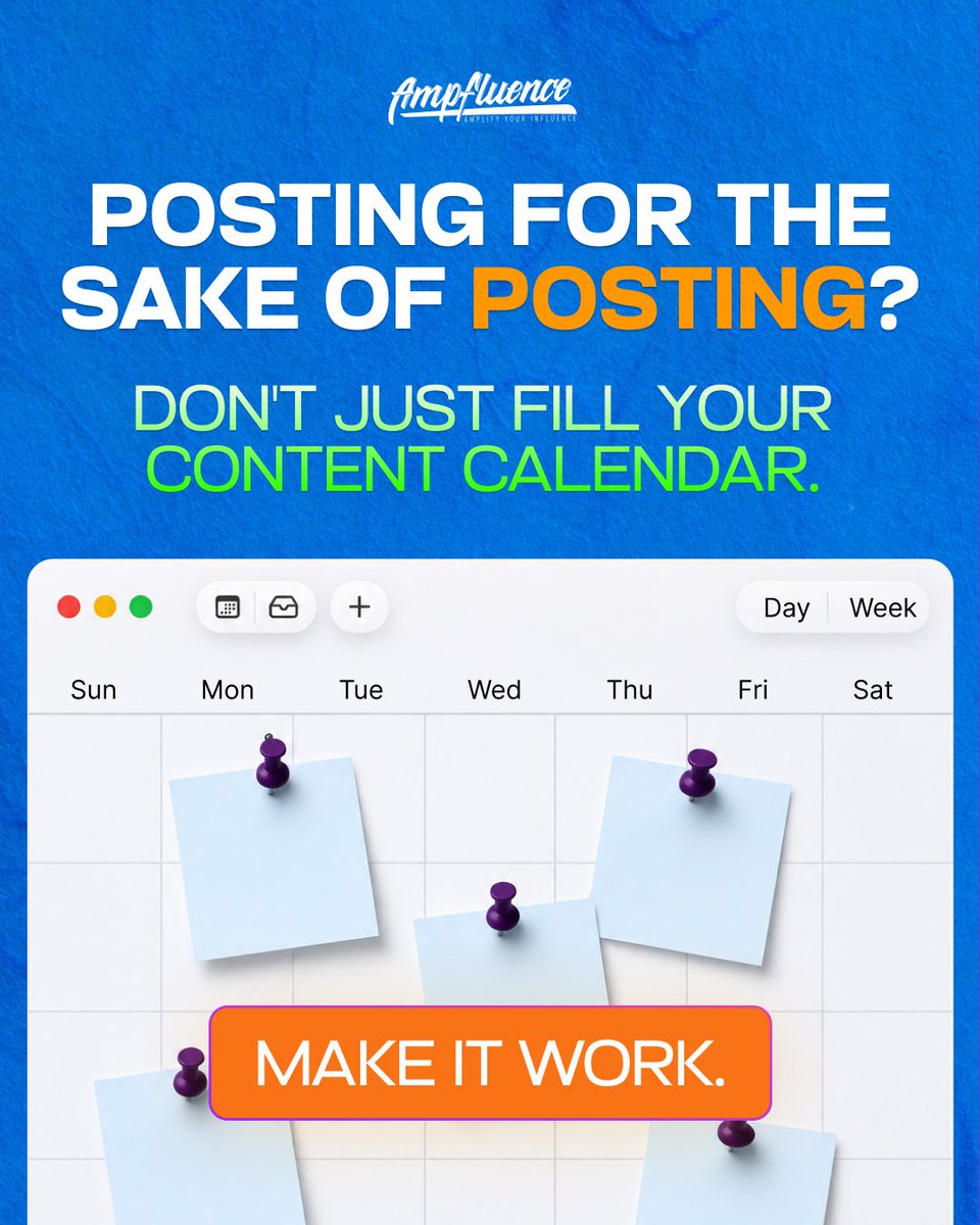 ampfluence's tweet photo. Posting just because it's Tuesday isn't a strategy. 📅

Before you publish, ask:

Is it useful? 
Is it relevant? 
Is it worth stopping for? 👀

Consistency gets you seen.

Need a smarter social strategy? Visit https://t.co/B5iJwQBcMQ 🚀

#contentstrategy #contentmarketing https://t.co/MUAksPdzG6