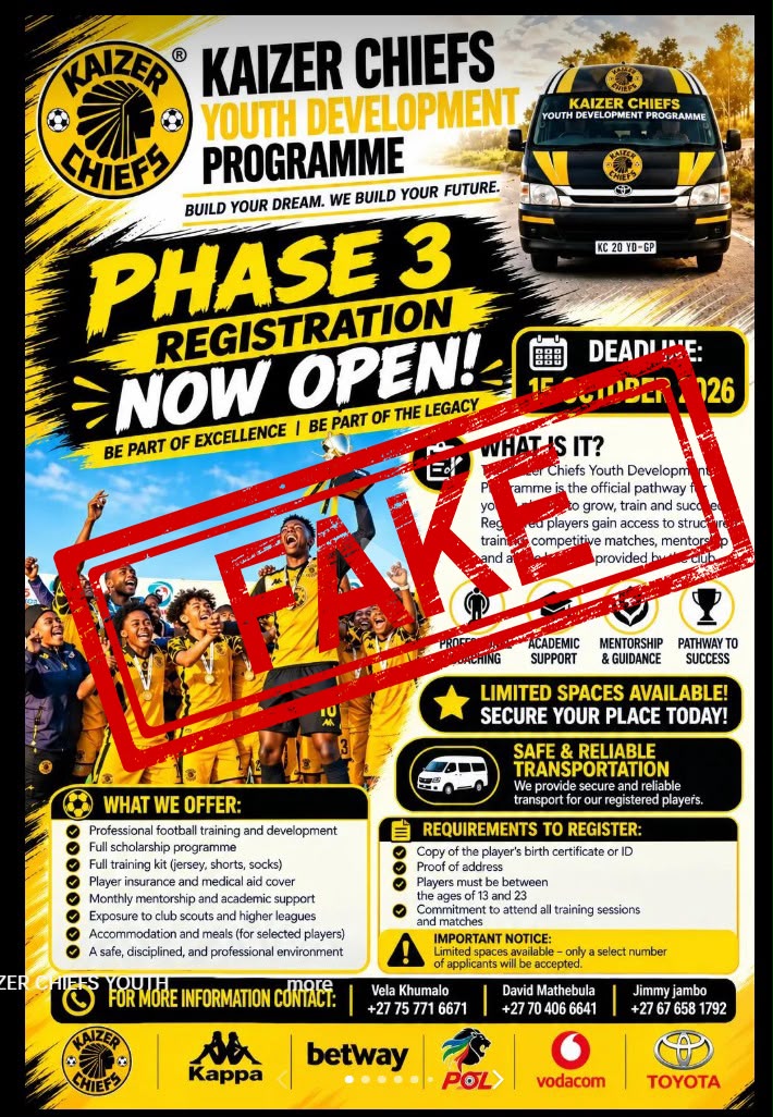 KaizerChiefs's tweet photo. Kaizer Chiefs would like to warn the public once more about the problem of fraudulent soccer trials that continues to rear its ugly head. 

We have been alerted to scams where people pretend to be our development coaches, offering so-called “Kaizer Chiefs” trials for a fee. 

The Club has not issued any official communiqué or advertisement for trials or academies. 

We are attending to this as a matter of urgency. We will be involving the law enforcement agencies to take the necessary action. 

We strongly warn the public not to fall victim to these crimes. 

Unfortunately, these acts will escalate during the school holiday period, targeting desperate, hopeful soccer stars. 

The Club will communicate officially through its channels if trials are held. 

If there are questions about trials or academies, please send an email to info@kaizerchiefs.com or phone 011 941 1465. 

#Amakhosi4Life