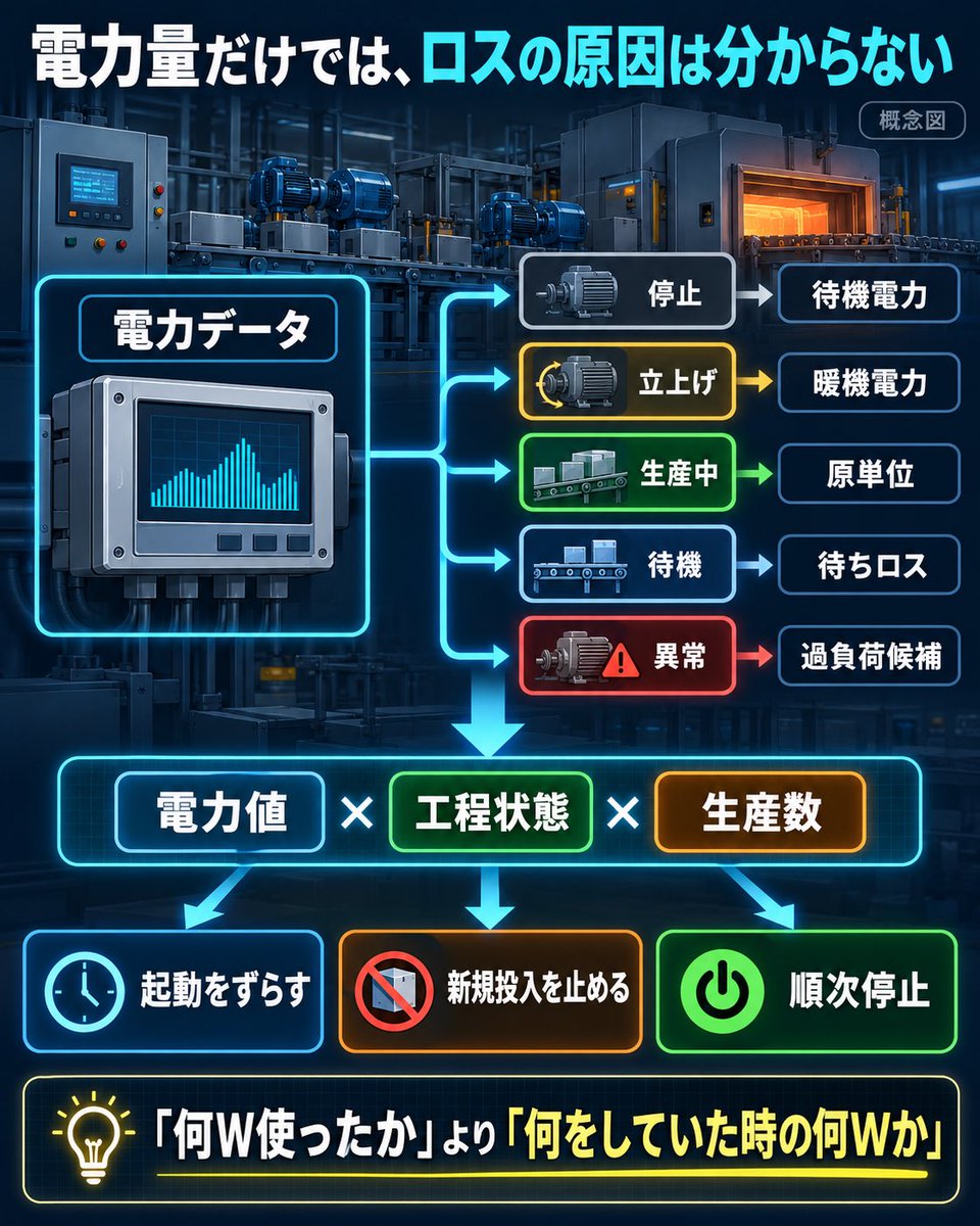 shin_debug_ai's tweet photo. 電力量計を付けた。グラフも出た。
でも、電力が高い理由までは分からない。

440Vを直接計測できる薄型2回路電力量計が発売され、自動車の第2組立ラインや製パン機械の新組立工場も計画されている。設備や計測点が増えるほど、PLCでは電力値と工程状態を一緒に残したい。

停止、暖機、生産中、前工程待ち、後工程待ち、異常復帰。同じ30kWでも意味は違う。品種、良品数、サイクル数まで結べば、暖機1回、良品1個、待機1分当たりの電力に分解できる。

電力上限へ近づいた時も全設備を一斉停止しない。次の大型負荷起動をずらす。能力低下が続けば新規投入を止める。動作中のワークは可能な範囲で払い出し、ヒータやモータを順次停止する。

通信断中の前回電力値を積算しないこと、復帰後に全ラインを同時起動しないことも必要になる。

省エネ改善で見るべきなのは「何W使ったか」ではなく、「何をしていた時に、何個作るために使った何Wか」だ。