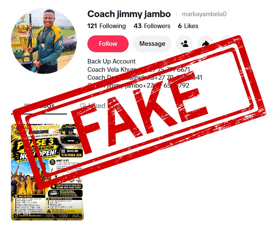 KaizerChiefs's tweet photo. Kaizer Chiefs would like to warn the public once more about the problem of fraudulent soccer trials that continues to rear its ugly head. 

We have been alerted to scams where people pretend to be our development coaches, offering so-called “Kaizer Chiefs” trials for a fee. 

The Club has not issued any official communiqué or advertisement for trials or academies. 

We are attending to this as a matter of urgency. We will be involving the law enforcement agencies to take the necessary action. 

We strongly warn the public not to fall victim to these crimes. 

Unfortunately, these acts will escalate during the school holiday period, targeting desperate, hopeful soccer stars. 

The Club will communicate officially through its channels if trials are held. 

If there are questions about trials or academies, please send an email to info@kaizerchiefs.com or phone 011 941 1465. 

#Amakhosi4Life