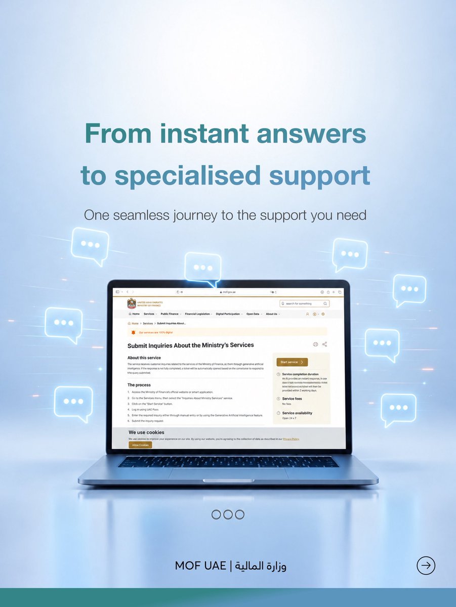 MOFUAE's tweet photo. The Ministry of Finance offers the Smart Enquiries Service, designed to help you get quick answers and access the right support with ease.
#MoFUAE
#AskSmarter https://t.co/6bVqZRN8An