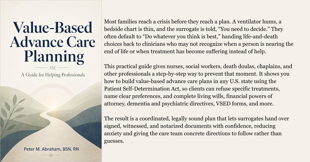 PeterMAbraham's tweet photo. Medical Powers of attorney often say, "Do whatever you think is best," but a values-based advance care plan offers a framework for healthcare professionals. https://t.co/kKDnnrhTaP #advancecareplanning #advancedirective #advancedirectives #livingwill https://t.co/CklZBGcSp3