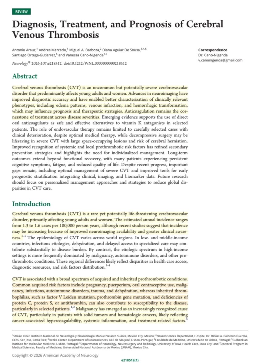 Leo_Santo5's tweet photo. 🧠🩸Abordaje y Manejo de la Trombosis Venosa Cerebral

🤕Cefalea y Déficit Neurológico
🧲RM y Angio-TC
💉Anticoagulación
💊DOACs
🧠Trombectomía-Craniectomía

🔰📚Neurology 2026

Artículo Completo👇🏻✅🆓
https://t.co/aR5SFK2xfj https://t.co/9ZLQnri6KV