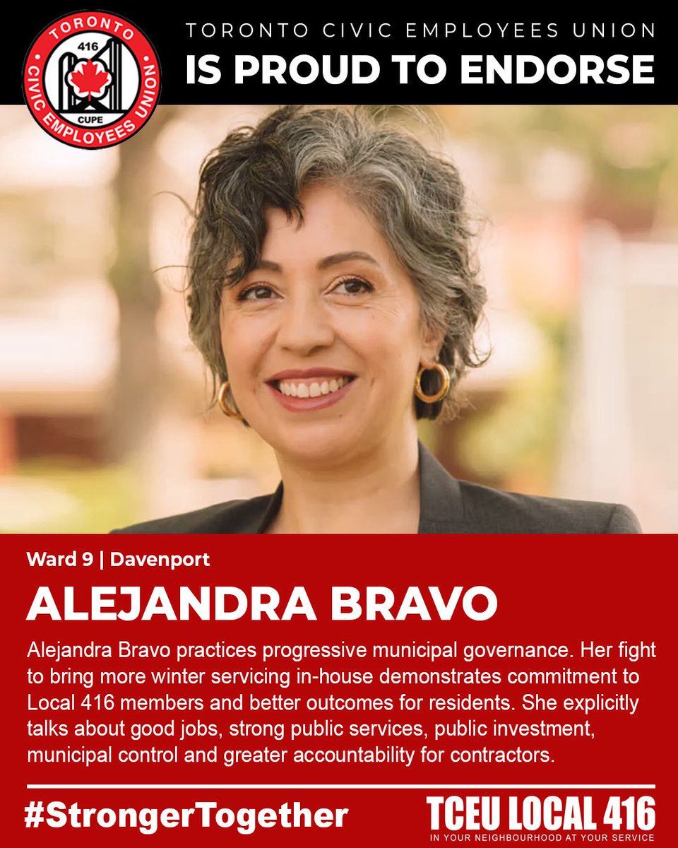 Local416's tweet photo. Alejandra Bravo practices progressive municipal governance. Her fight to bring more winter servicing in-house demonstrates commitment to Local 416 members and better outcomes for residents. She explicitly talks about good jobs, strong public services, public investment, municipal control and greater accountability for contractors.

#StrongerTogether