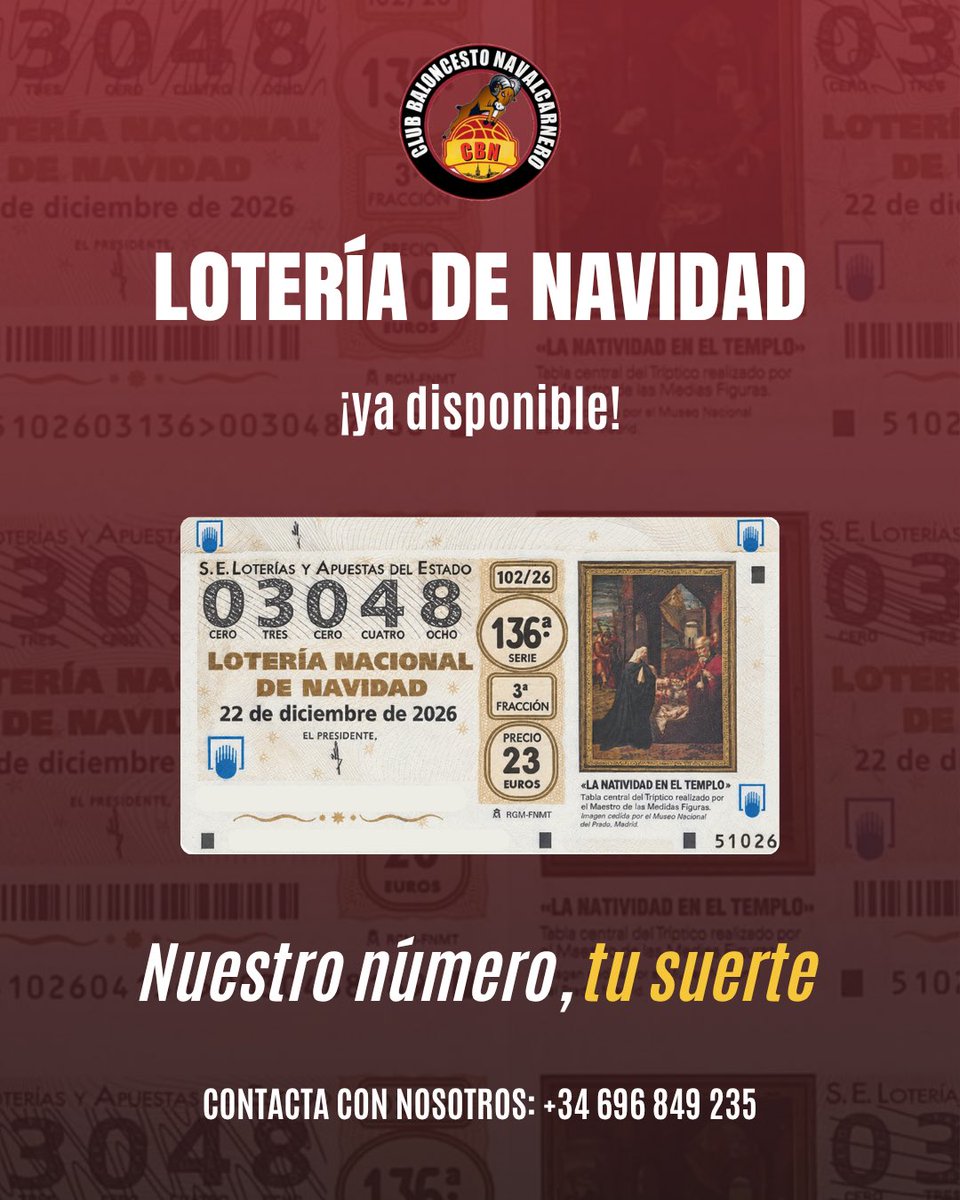 navalcarnerocb's tweet photo. ¡Ya están a la venta los décimos del CBN!!❤️🖤🍀

23€, de los cuales 3€ serán invertidos en material para poder seguir creciendo como club💪🏻
Se compra por encargo y se manda el comprobante por WhatsApp con el nombre del jugador/a.
¡suerte! https://t.co/gXiAuOxev5