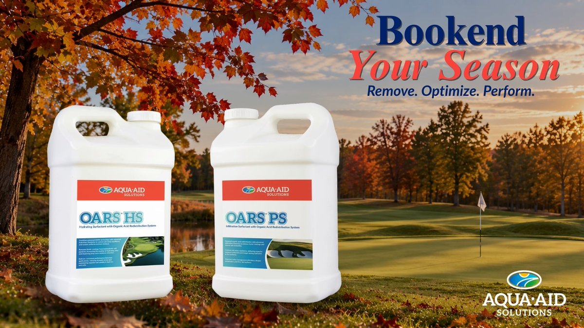 Solutions4Turf's tweet photo. Bookend Your Season with a Fall Application.

Prepare your rootzone before winter with OARS® HS or OARS® PS from AQUA-AID Solutions.
A fall application helps:
• Address organic acids that contribute to localized dry spot
• Promote uniform soil moisture heading into winter
• Reduce winter desiccation risk by balancing moisture

Remove. Optimize. Perform. Give your turf a strong finish—and prepare for next spring.

Read more: Bookend Your Turf Season (https://t.co/SkzF8v6Pcc)

#SolutionsPeople #TurfManagement #FallTurfCare #SoilMoisture #GolfCourseMaintenance