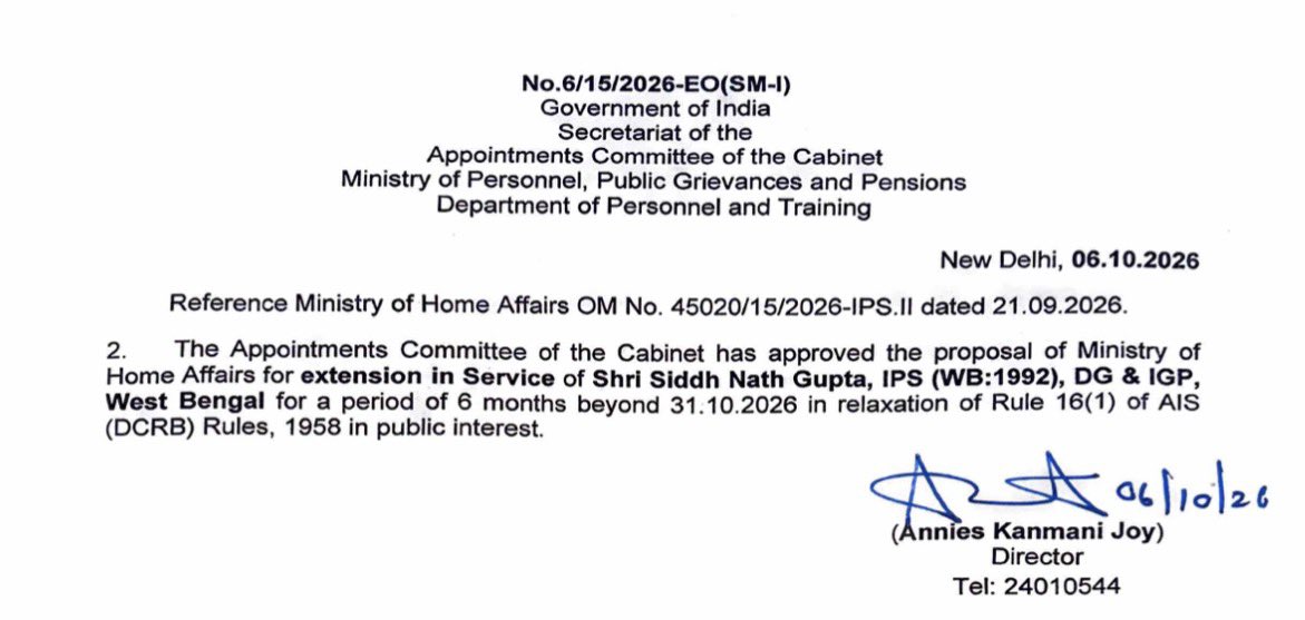 CSS_GOMESH's tweet photo. ACC approves extension of tenure of senior officers:

1 Sh S.K. Jha, CSS — JS,MoF
2 Sh Dinesh Kumar, IAS (NL:2004) — JS, MoD
3 Sh Siddh Nath Gupta, IPS (WB:1992) — DG &amp; IGP, WB 
4 Sh Vinod Seshan, IAS (AM:2008) — JS, MoPNG
5 Sh Parveen Kumar Thind, IAS (PB:2007) — JS, MoL&amp;J https://t.co/5AnNy1TJNJ
