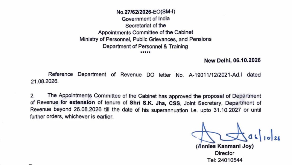 CSS_GOMESH's tweet photo. ACC approves extension of tenure of senior officers:

1 Sh S.K. Jha, CSS — JS,MoF
2 Sh Dinesh Kumar, IAS (NL:2004) — JS, MoD
3 Sh Siddh Nath Gupta, IPS (WB:1992) — DG &amp; IGP, WB 
4 Sh Vinod Seshan, IAS (AM:2008) — JS, MoPNG
5 Sh Parveen Kumar Thind, IAS (PB:2007) — JS, MoL&amp;J https://t.co/5AnNy1TJNJ