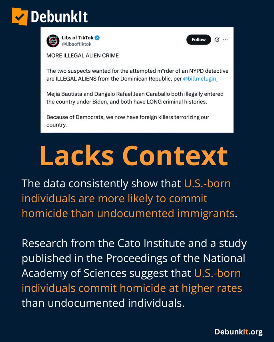 debunkit_org's tweet photo. Lacks Context

The data consistently show that U.S.-born individuals are more likely to commit homicide than undocumented immigrants.

Research from the Cato Institute and a study published in the Proceedings of the National Academy of Sciences suggest that U.S.-born individuals commit homicide at higher rates than undocumented individuals.

The study in the Proceedings of the National Academy of Sciences also found that between 2012 and 2018, U.S.-born citizens were twice as likely to be arrested for violent crimes as undocumented immigrants in Texas.

Research from the Marshall Project in 2019 found that increases in the number of undocumented immigrants did not lead to more violent crime.

Read more: https://t.co/Tx4S9sShWp
