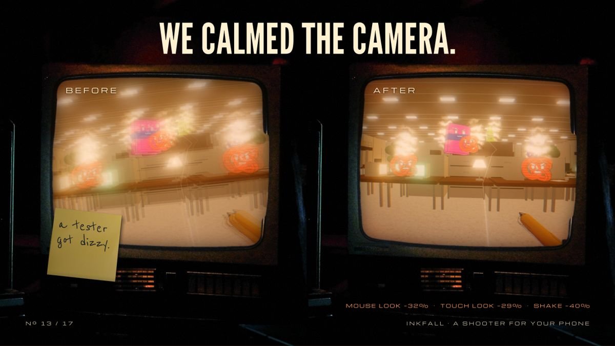 InkFall_Corp's tweet photo. one of our testers got dizzy while playing, so we calmed the camera down

turning is about a third slower now and one frame can no longer whip the view around. left is before, right is after. faster settings are still there if you want them https://t.co/iNKzeUZjyi