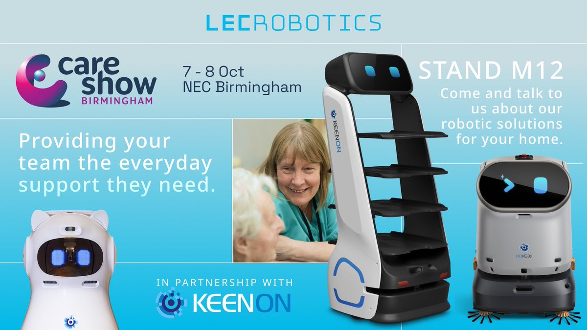 lecrobotics's tweet photo. 📍 Stand M12, Care Show Birmingham, 7-8 Oct.
1 in 4 care workers leave their role each year (Skills for Care). Keenon robots take meal runs and floor cleaning off their hands, so carers get time back with residents.
@lecrobotics https://t.co/5aD0CMyXKF
#CareShow26 #SocialCare https://t.co/taOUq22BZe