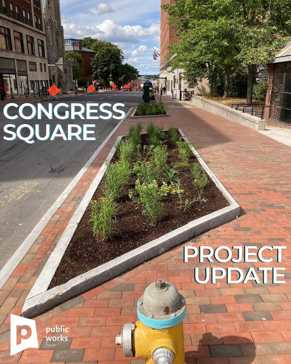 CityPortland's tweet photo. Progress continues on the Congress Square Project, including these new planter beds! Installation of the overhead traffic signal pole &amp; remaining site elements is targeted for completion late this fall, with final paving expected Spring 2027. Learn more: https://t.co/WJ7xeyKoSI. https://t.co/Itsm1XyS1E