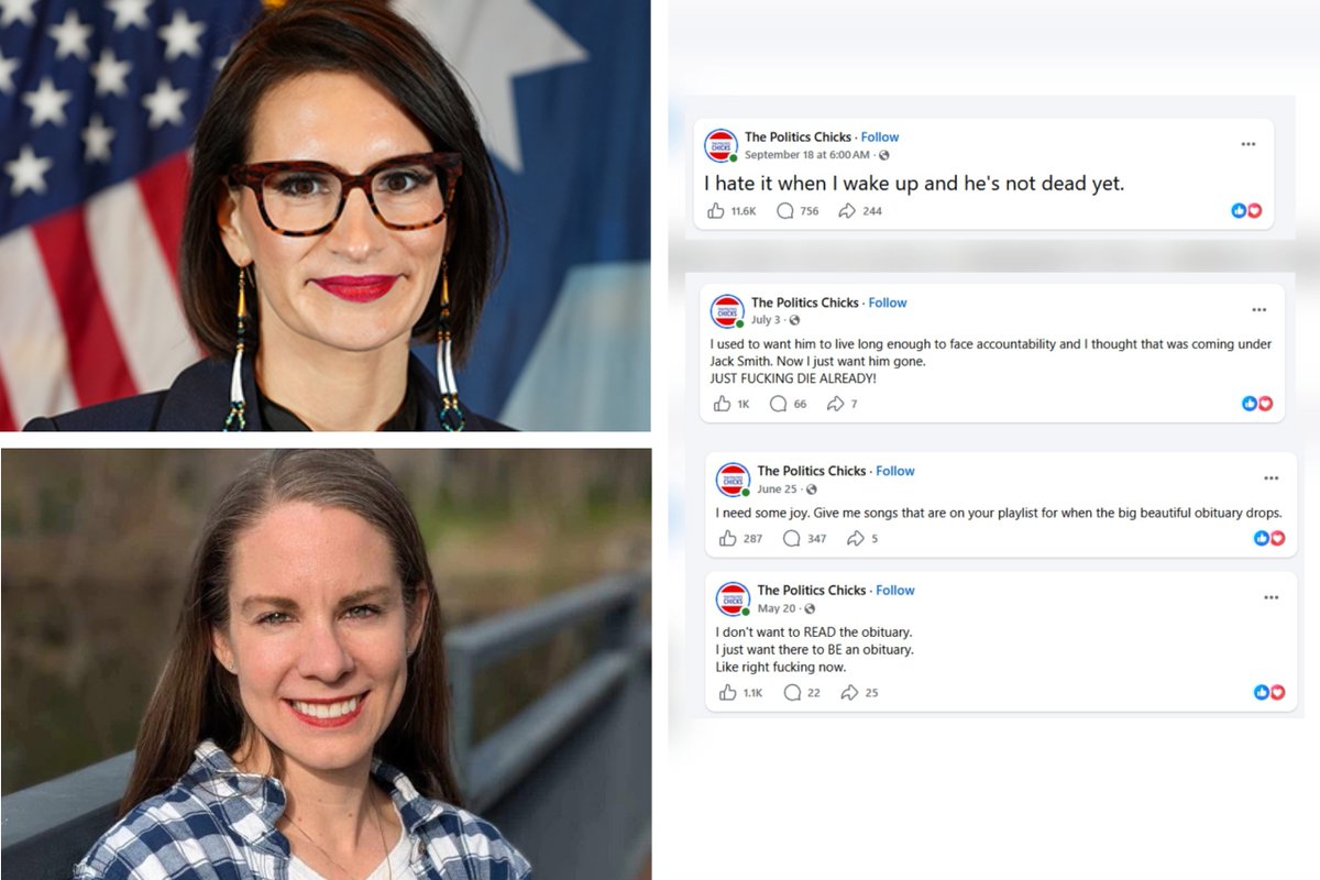 AlphaNews's tweet photo. ‘JUST FUCKING DIE ALREADY’: Democrats Peggy Flanagan and Kristy Janigo appeared on podcast that issued vile posts

Despite a self-professed “love of humanity,” The Politics Chicks’ Facebook page has left a trail of vile social media posts that appear to pointedly hope for the death of Trump.

"I need some joy. Give me songs that are on your playlist for when the big beautiful obituary drops," says a social media post from The Politics Chicks.

The left-wing blog and podcast has endorsed Democrats such as Peggy Flanagan and Kristy Janigo, who have both appeared on the show.