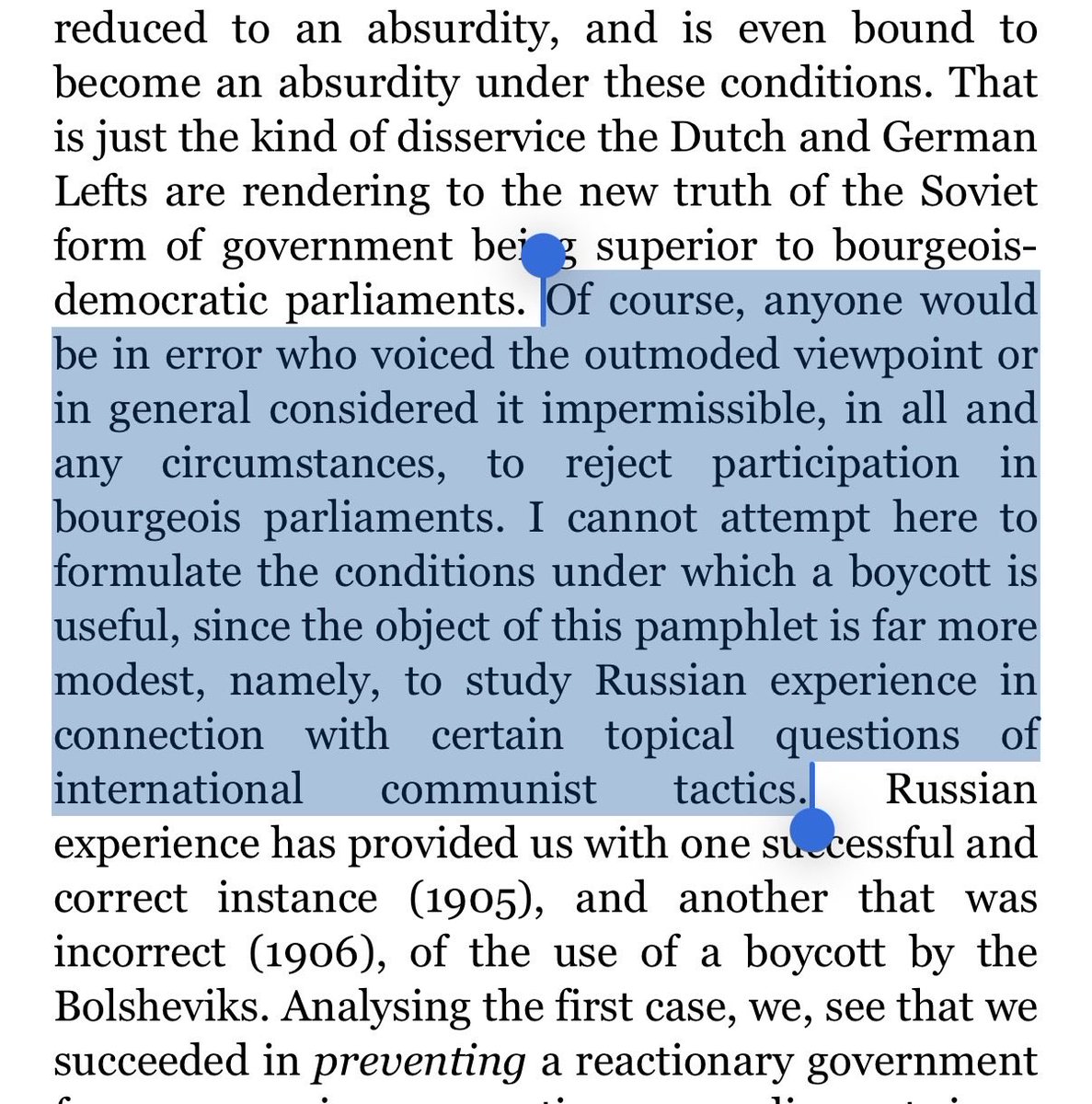 RoseMediayt's tweet photo. Lenin’s whole point was that the party must be able to accurately gauge the situation to determine the tactics. His calls for parliamentarianism were very very strong suggestions, but their main take away was that tactics cannot be decided in advance. https://t.co/0lYONtK3bV