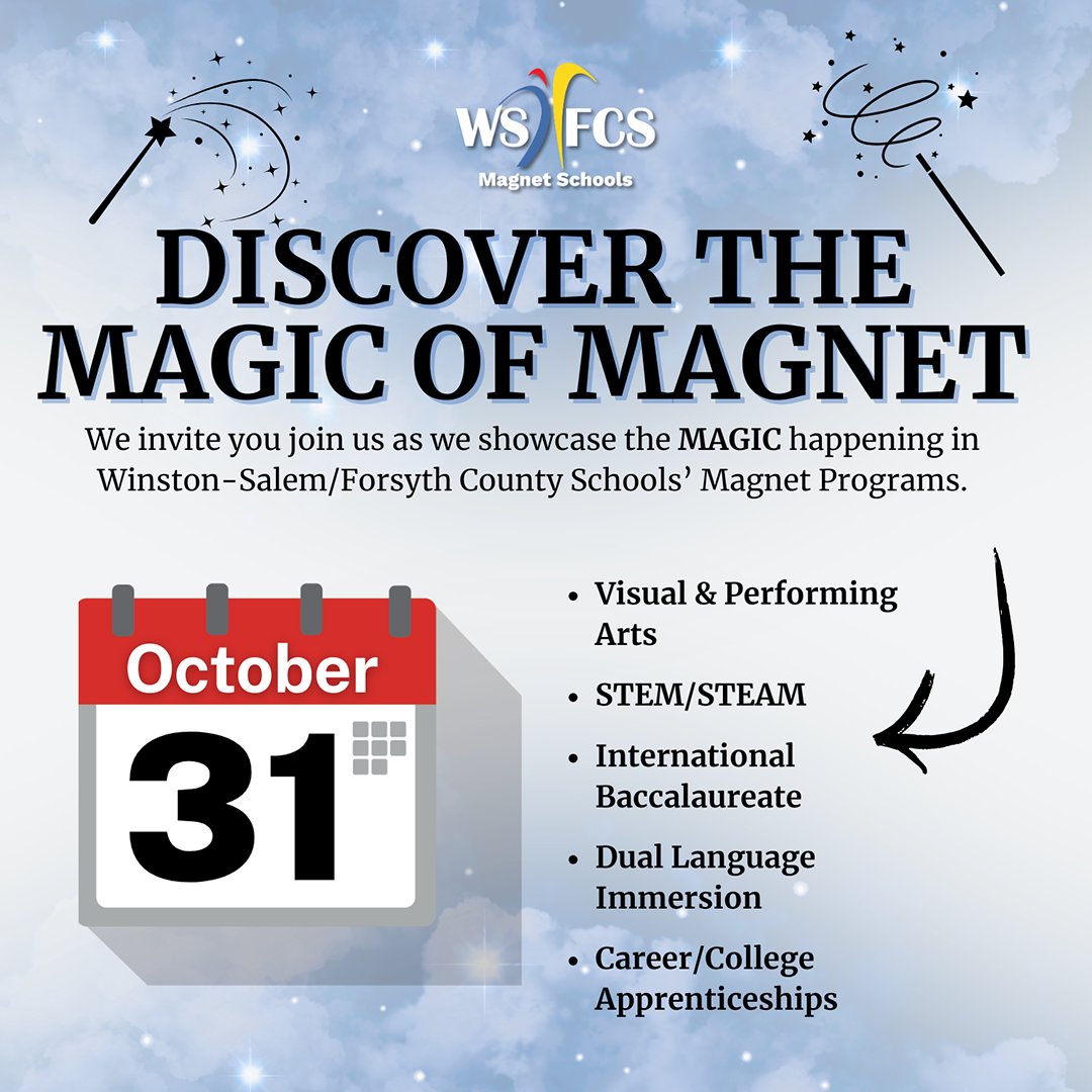 wsfcs's tweet photo. ✨Discover the Magic of Magnet✨
Explore the possibilities at the WS/FCS Magnet Showcase 🎓
📅 Oct. 31
⏰ 10 a.m.–1 p.m.
📍 Winston-Salem Fairgrounds Events Center
Discover programs in Arts, STEM/STEAM, IB, Dual Language &amp; more.✨#MagicofMagnet #WSFCS https://t.co/Ecb2NomcCG