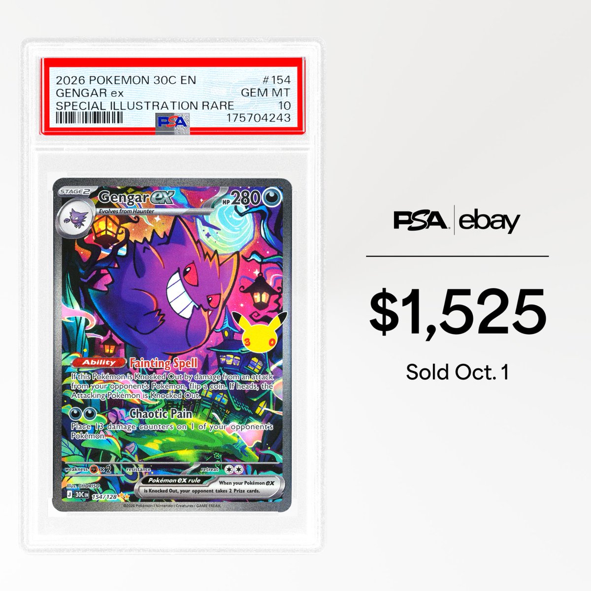 PSAcard's tweet photo. The first graded sales from Pokémon’s 30th Celebration are rolling through, with Mew’s Futuristic Rare leading the way. https://t.co/Xs5feG4MCM