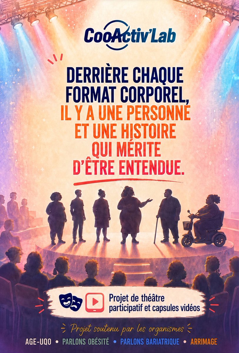 ObesityMatters's tweet photo. #CoActivLab (#UQO) cherche encore des histoires sur un moment qui vous a rendu.e fier.ère malgré le jugement afin de produire une pièce de théâtre sur la grossophobie le 27 nov à Gatineau. 

📆 Limite soumission: 1er nov
💬Infos à jeaa19@uqo.ca

#ParlonsObésité #VoixDesPatients https://t.co/KGLj1oCOk9